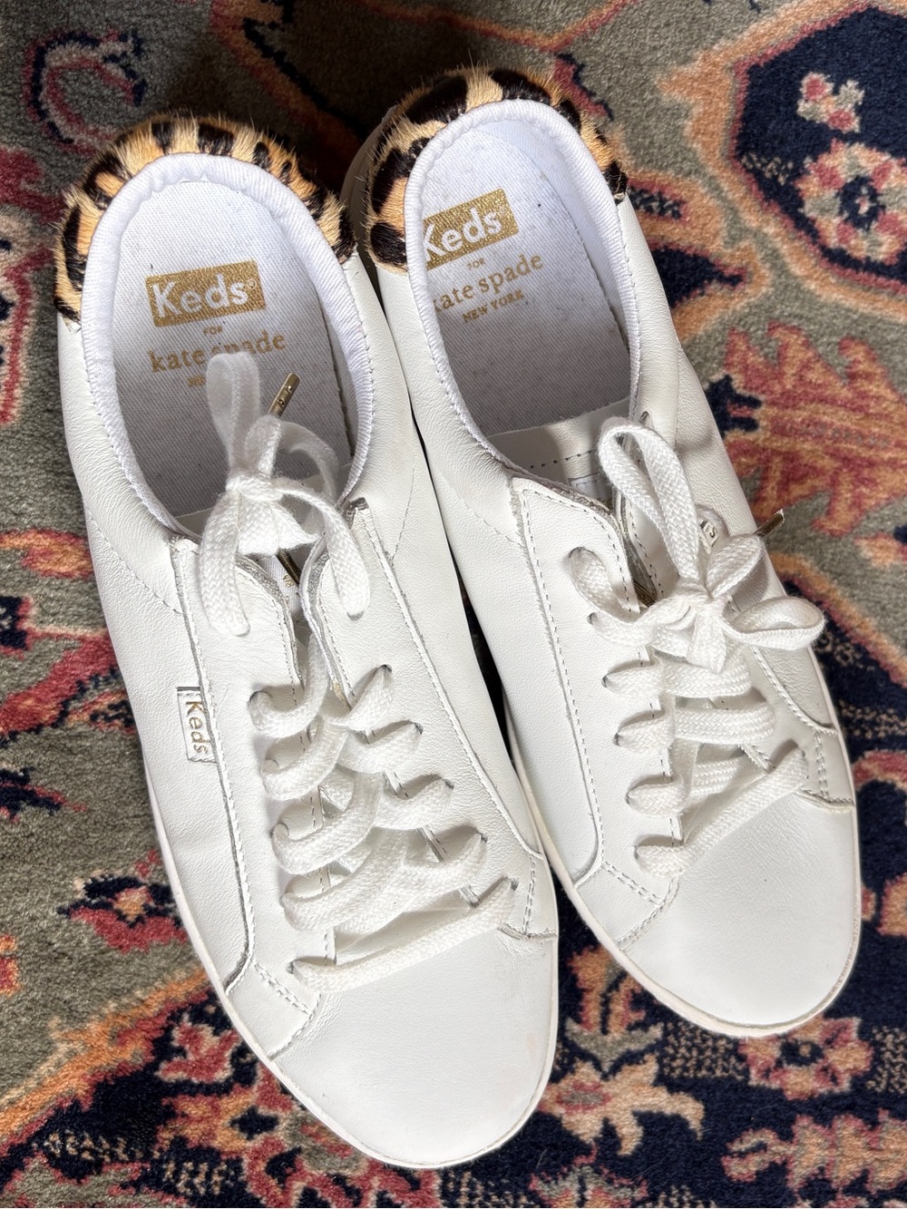 Keds White Leather Sneakers with Leopard Trim